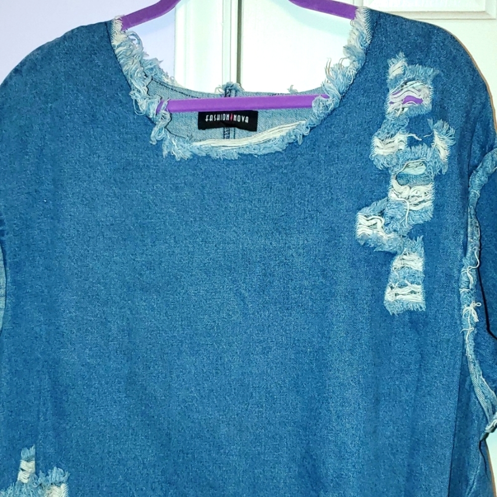 Distressed high-low denim top